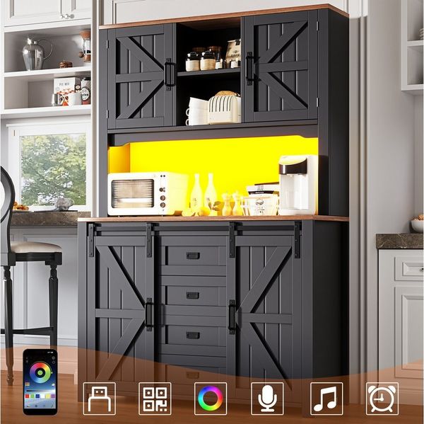 Flieks Küchenbuffet mit LED-Beleuchtung, 2 Schubladen und Schiebetüren (115×40×174,7 cm, 1-St) Hoschschrank Küchenschrank Buffetschrank mit verstellbare Ablagen