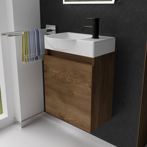 Alpenberger Badmöbel-Set Gäste WC Waschbecken mit Unterschrank - Hängeschrank Vormontiert, (Badschrank 2-tlg, Waschtisch hängend), Waschbeckenunterschrank mit Softclose - Farbe Eiche