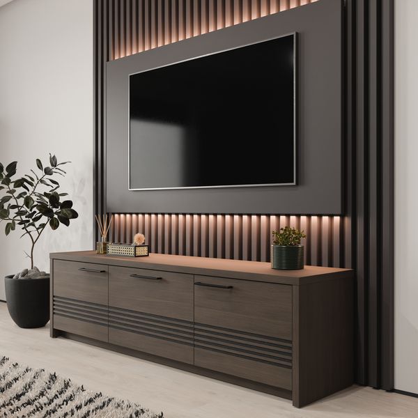 Forte EUFEMIUS TV-Schrank 180, modernes Lowboard mit dekorativer Fräsung, 2-türig, 1 Schublade, Dunkelbraun|Schwarz Eiche Holzdekor, 181,2 cm breit x 51,1 cm hoch x 41,6 cm tief