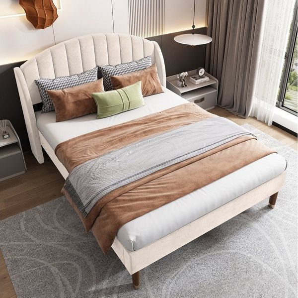 HAUSS SPOLE Polsterbett 140x200cm mit Lattenrost und Kopfteil, Jugendbett, Samt, Beige