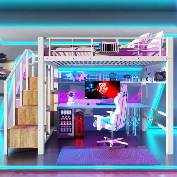 Merax Hochbett, Kinderbett 140×200cm, Jugendbett, mit LED-Lichtleiste, Treppenkonstruktionen mit Stauraum, Ohne Matratze, Weiß