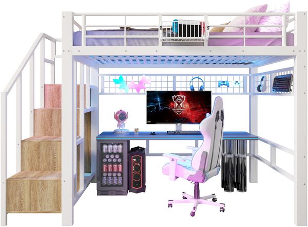 Merax Hochbett, Kinderbett 140×200cm, Jugendbett, mit LED-Lichtleiste, Treppenkonstruktionen mit Stauraum, Ohne Matratze, Weiß Bild 10