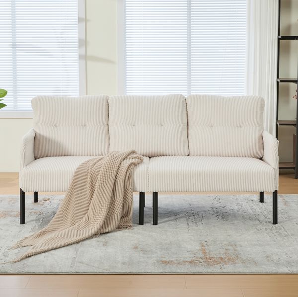 3-Sitzer-Sofa 171 x 72 x 80 cm aus Cord in Beige – mit Seitentasche, ergonomischer Rückenlehne und Metallgestell