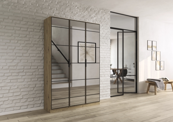 rauch Acero, Garderobenschrank in moderner Loft-Optik, 3-türig, 3 Glastüren, mit 8 Einlegeböden, Farbe Eiche Artisan, BxHxT 136x210x41cm