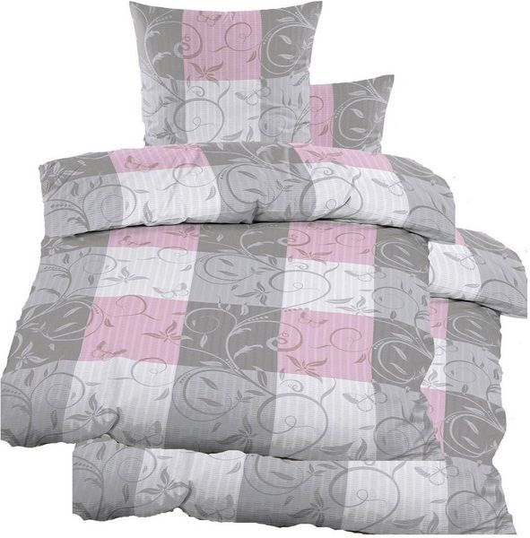KH-Haushaltshandel Bettwäsche Seersucker Bettwäsche 135x200 +80x80 cm, grau pink Ranken, kariert, Seersucker, bügelfrei, Microfaser