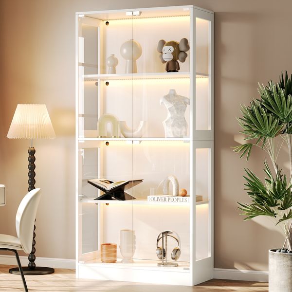 Flieks LED Vitrinenschrank 80×35×170 cm, Glasvitrine modern Weiß, Sammlungsvitrine mit App-Steuerung, 4 Ebenen, Push-to-Open Türen