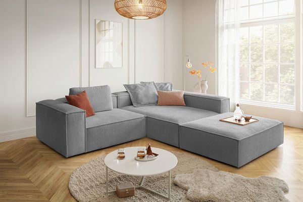 KAWOLA Sofa CARMO Ecksofa Stoff grau mit Hocker Recamiere rechts 68 x 191 x 306 cm