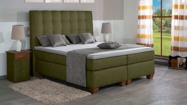 Meisterbetten Boxspringbett Nora 100x200 in MS-Olive, Matratzenbezug Nano, Komfortschaum-Topper