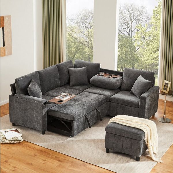 Merax Ecksofa 4-Sitzer Schlafsofa, mit Schlaffunktion, Ausziehsofa, Hocker, 1 Teile, Tisch mit Getränkehaltern, Chenille Soffa