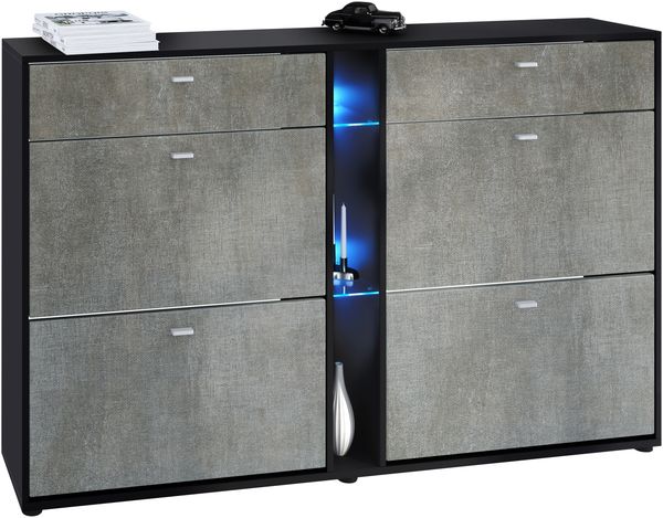 Schuhschrank Schuhkipper Today 155,5 x 95 x 28 cm mit blauer LED Beleuchtung, Korpus in Schwarz matt, Fronten in Braun meliert