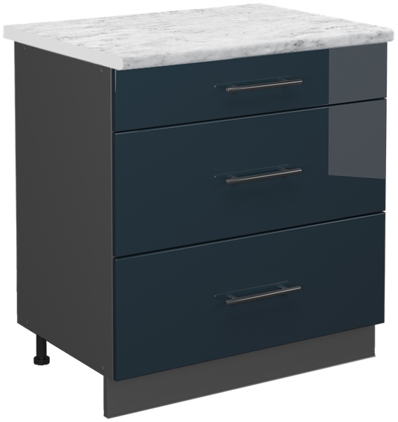Küchenunterschrank Fame-Line Dunkelblau Hochglanz 80 cm mit 3 Schubladen, AP Marmor Vicco