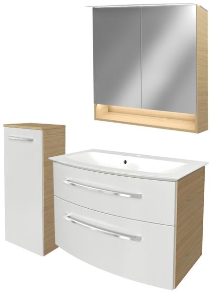 Fackelmann B.STYLE Badmöbel Set 4-teilig, 83 cm, Weiß/Braun + LED-Spiegelschrank + Midischrank links