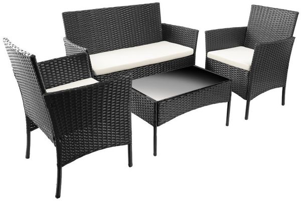 Furnify Gartenlounge-Set STEINHOF 4-teilig Gartenmöbel Set mit Sofa, 2 Sesseln & Glastisch, (Set, 4-tlg, Sofa, 2x Sessel, 1x Tisch, Sitzkissen), Mit Sitzkissen inklusive