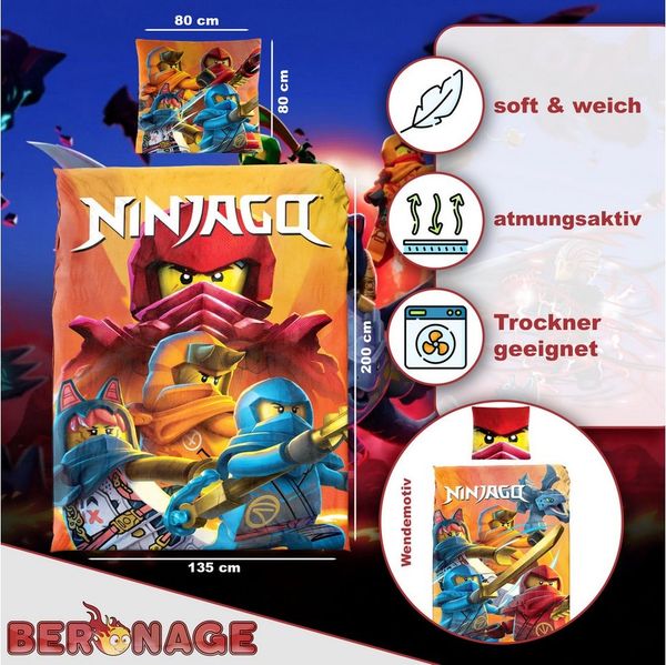 BERONAGE Kinderbettwäsche LEGO Ninjago Rise of the Ninjas Bettwäsche Linon/Renforcé, Baumwolle, 2 teilig, 135x200 + 80x80 cm