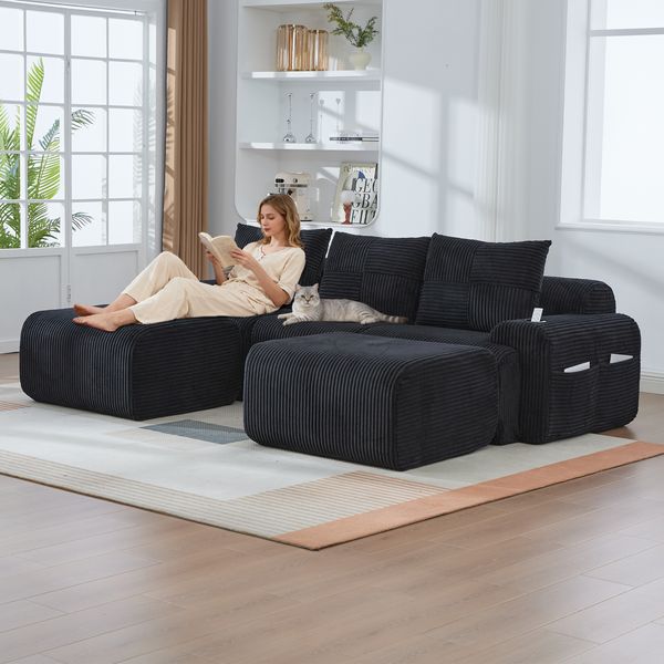 3-Sitzer-Sofa aus Cord 268x174x80 cm mit Cupholder & Seitentasche, schwarz