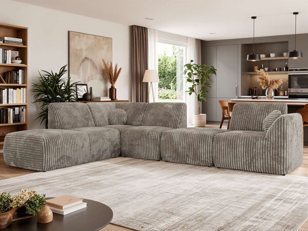 Wohnlandschaft modular NOARA 6M L, Eckcouch mit Wellenfederung, freistehendes Ecksofa, Modernes Design - Hellbraun Cord - Links