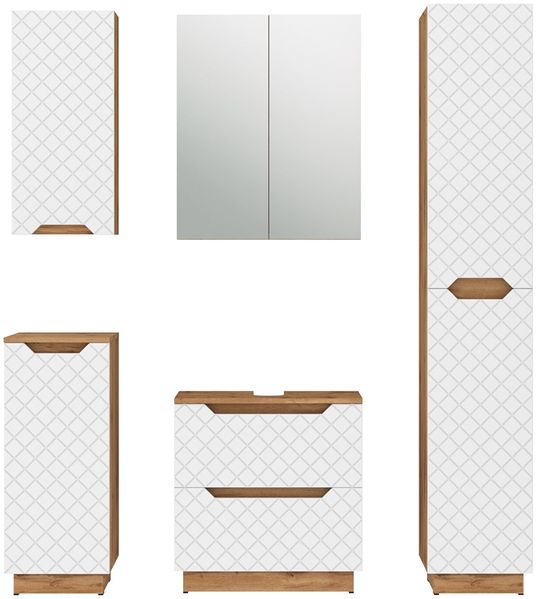 Badmöbel-Set Lotta Eiche/Weiß mit Kachelstruktur 5 Teile Vicco