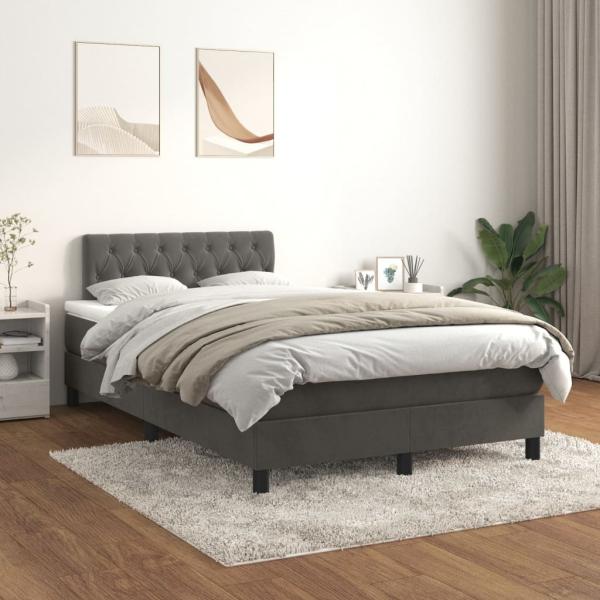 vidaXL Boxspringbett mit Matratze Dunkelgrau 120x200 cm Samt, Härtegrad: H2