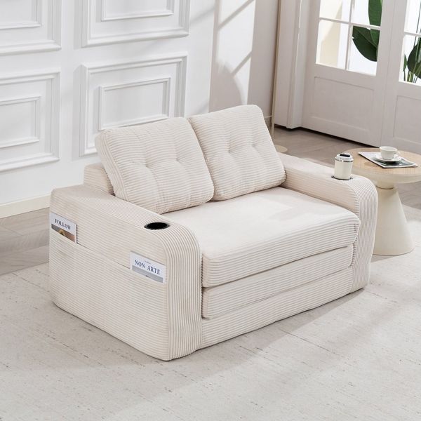 HAUSS SPOLE Schlafsofa mit Umbaufunktion,Modulares Bodensofa Zweisitzer,Wohnzimmer Cord Beige, Zweisitziges Sofa mit Seitentaschen und Getränkehaltern, umbaubarer Doppel-Sitzsack mit gesteppten Kissen und Rückenlehne