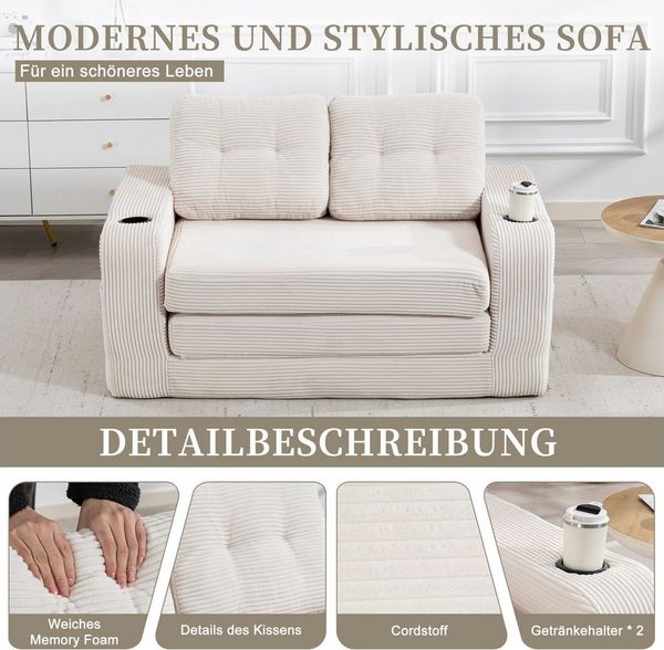 HAUSS SPOLE Schlafsofa mit Umbaufunktion,Modulares Bodensofa Zweisitzer,Wohnzimmer Cord Beige, Zweisitziges Sofa mit Seitentaschen und Getränkehaltern, umbaubarer Doppel-Sitzsack mit gesteppten Kissen und Rückenlehne Bild 4
