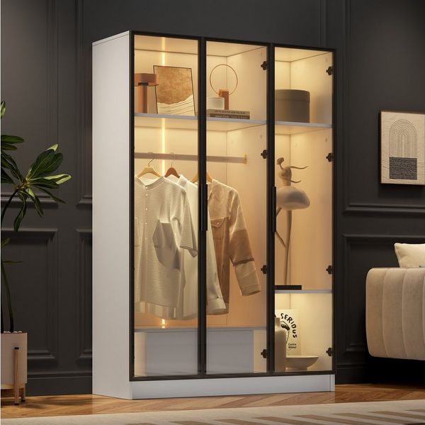 STILVORA Kleiderschrank mit Glastüren,Garderobenschrank Aufbewahrungsschrank mit Schublade&LED (3 Glastüren, 1 Schublade, 1 Kleiderstange) mit LED-Licht, 110*50*160cm