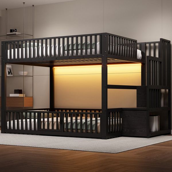 Flieks Etagenbett, Metallbett Kinderbett 140x200 cm mit LED-Beleuchtung, oberem Lattenrost