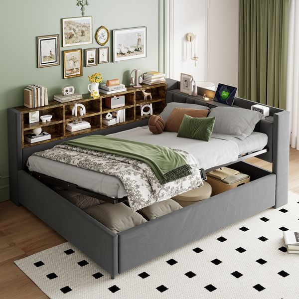 Merax Daybett, 140*200 cm, Polsterbett, Multifunktionsbett, Schlafsofa, Mit Hydraulischem Stauraum, Mit Nachtlicht, USB- und Typ-C-Ladeanschluss, Samtstoff, Dunkelgrau