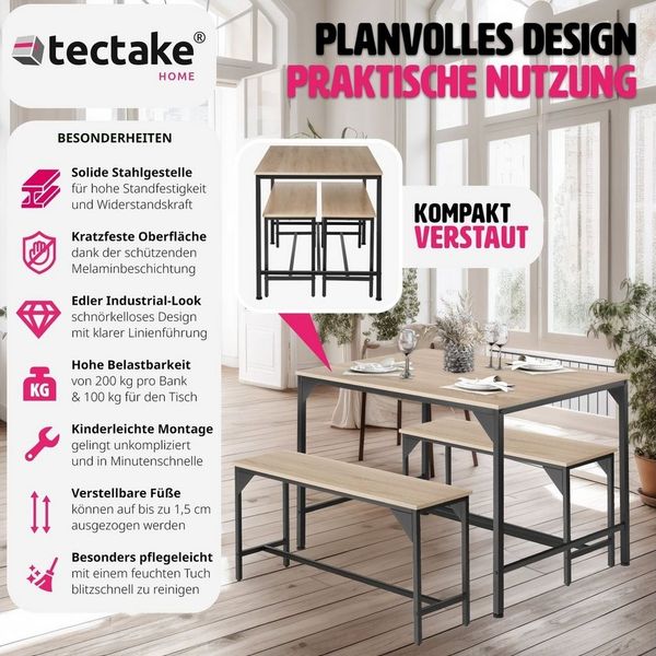 tectake Sitzgruppe Essgruppe 3-teilig, mit höhenverstellbaren Kunststofffüßen, (Loungeset Bolton, 3-tlg, in Industrial Holz hell, Eiche Sonoma), Esstisch mit 2 Sitzbänken, Industrial Style, Holz und Stahl