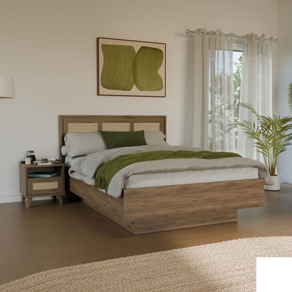 Forte GLENKEEN Bett, Liegefläche 140 x 200 cm, Bettgestell im Bohostil mit Rattangeflecht, Stauraum, Valencia Eiche Holzdekor | Naturrattan, 149,9 cm breit x 105,5 cm hoch x 204,9 cm tief