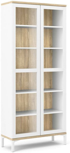 Dmora Vitrine Hudhud, Glas-Sideboard, Mehrzweckvitrine, Hängendes Bücherregal mit Glastüren, 89x36 h203 cm, Weiß und Eiche