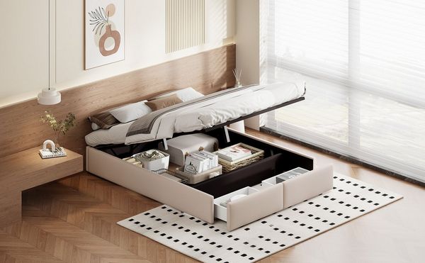 Furnishings Home Futonbett Polsterbett Stauraumbett Doppelbett (Hydraulisch anhebbarer Bettstauraum), Mit 2 Schubladen, Bettkasten, Lattenrost, Leinen, 140x200 cm