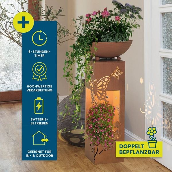Hoberg Dekosäule LED Pflanzsäule 3D Schmetterling-Design in Rost-Optik, Integrierte Beleuchtung, 6h Timer, kabellos, Für In- und Outdoor