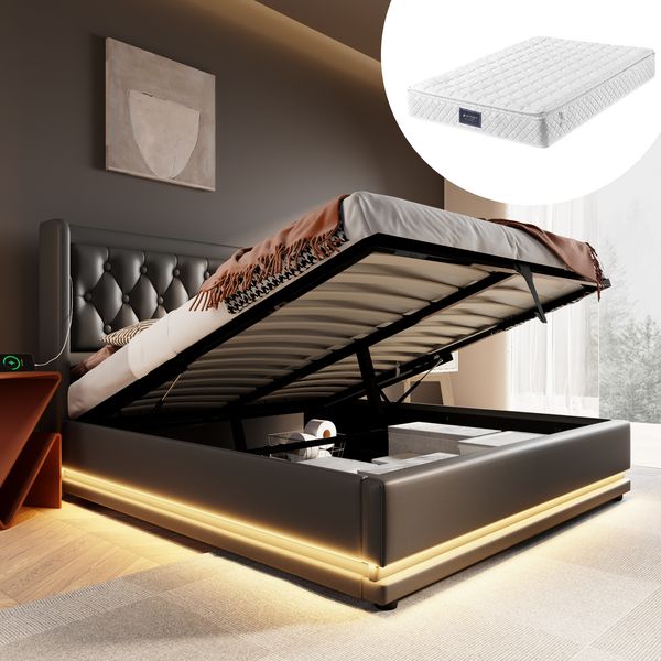 Polsterbett 160x200 cm aus PU mit Stauraum, USB- und Type-C-Anschlüssen sowie 3-seitiger LED-Beleuchtung