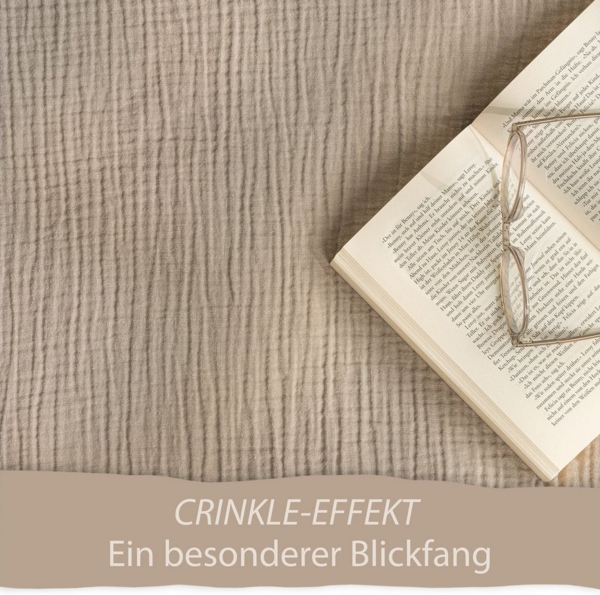 Hausfelder Bettwäsche Musselin 4er Set, 2 Bettbezug 135x200 + 2 Kissen 80x80, Graubeige, Crinkle-Effekt, temperaturausgleichend, atmungsaktiv, Baumwolle Bild 2