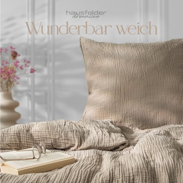 Hausfelder Bettwäsche Musselin 4er Set, 2 Bettbezug 135x200 + 2 Kissen 80x80, Graubeige, Crinkle-Effekt, temperaturausgleichend, atmungsaktiv, Baumwolle Bild 3