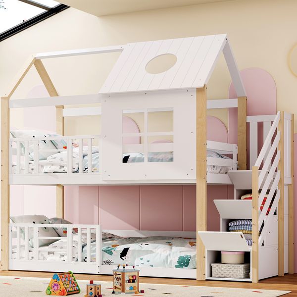 Etagenbett Liegefläche 90x200 cm mit Aufbewahrungstreppe, Hausdesign, Fallschutzgitter, Weiß/Natur