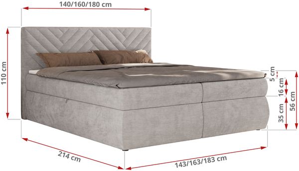 Boxspringbett AVERTA 140 x 200 cm mit Bettkasten und Topper, Doppelbett mit Bonnell-Federkernmatratze, gepolstertem Kopfteil, Stauraum, modernes Schlafzimmer Bett - Hellgrau Schenille glatt - H3 Bild 6