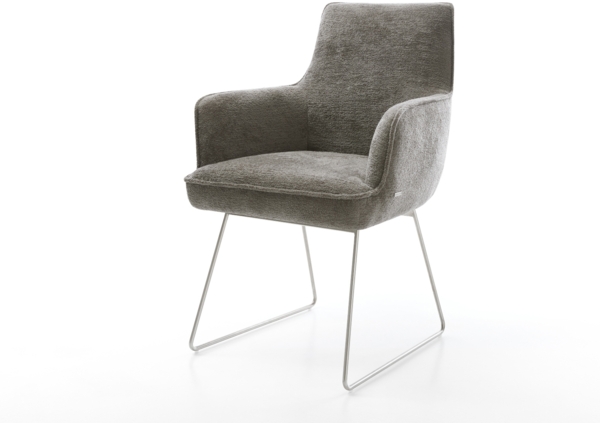Esszimmerstuhl Heira-Flex mit Armlehnen Bouclé Soft Schlamm Kufengestell Edelstahl Taschenfederkern