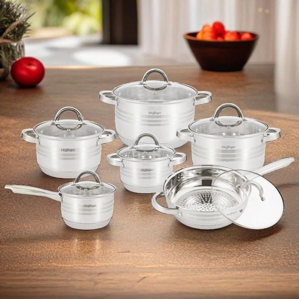 Kochtopf Kasserolle Bratpfannen Set 12-tlg Edelstahl Cheffinger SS1230