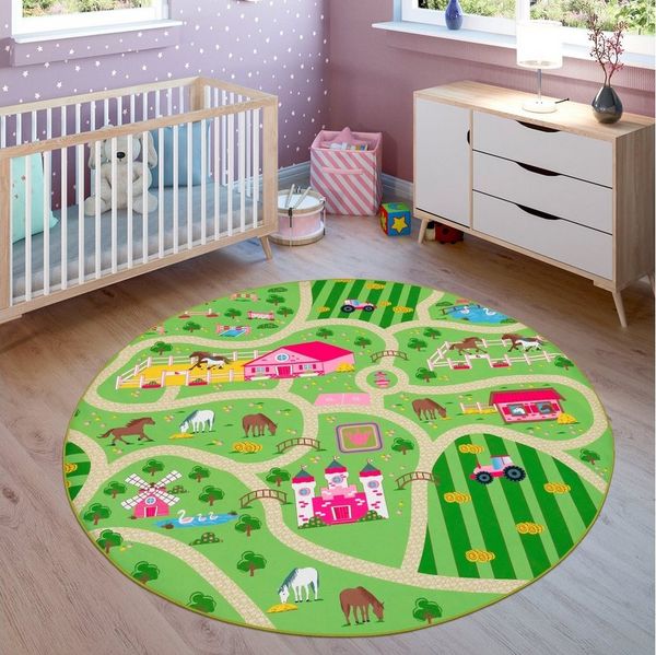 Paco Home Kinder-Teppich Für Kinderzimmer, Spiel-Teppich Mit Landschaft und Pferden rutschfest In Grün, Grösse:Ø 160 cm Rund