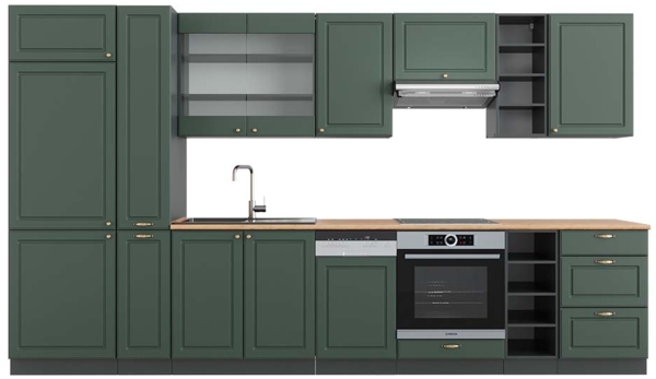 Küchenzeile Fame-Line Grün-Gold Landhaus/Anthrazit 355 cm , AP Eiche Vicco