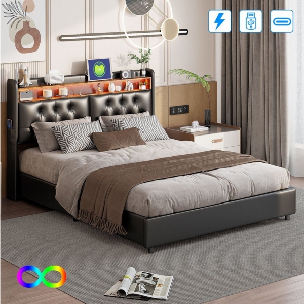 PXloue Polsterbett Doppelbett Stauraumbett, Polsterbett 140x200,mit USB-Laden und Stauraum am Kopfteil Bild 1