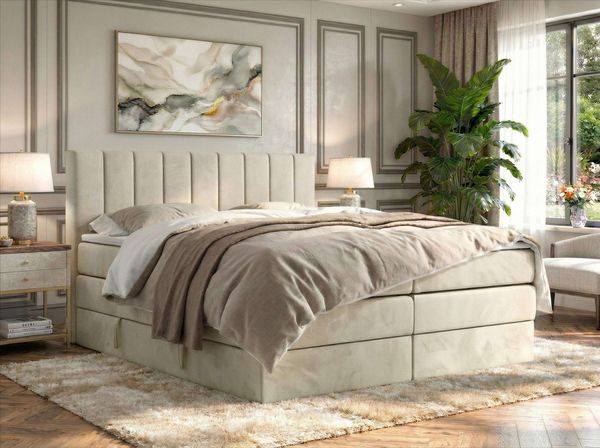 Boxspringbett mit Matratze H4 ALVER KING, Doppelbett, gepolstertes Polsterbett, 7-Zonen-Multipocket-Kern H4, hohe Kopfteil - Topper Visco - Beige Velvet