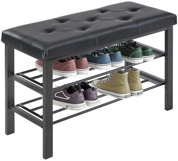 Sweetcrispy Schuhbank, Schuhregal mit 3 Ebenen, Schuhregal mit Sitzbank, 32 x 81 x 50 cm, Sitztruhe, Kunstleder & Metallgestell, Schuhaufbewahrung für Wohnzimmer Eingangsbereich Flur, Schwarz