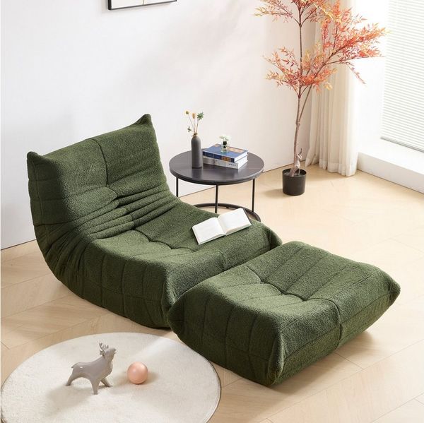 HAUSS SPOLE Sitzsack Lazy Sofa mit Fußhocker, Wohnzimmer Teddysamt, modernes Design Grün (Teddyfleece+Schaumstoff mit hoher Dichte, 2 St, Produkt als komprimierte Verpackung)