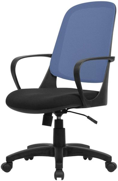 Dmora - Stuhl mit Rädern Coffs, Netzarbeitsstuhl mit Armlehnen, ergonomischer Bürositz, 61 x 60 x 99/108 cm, Schwarz und Blau