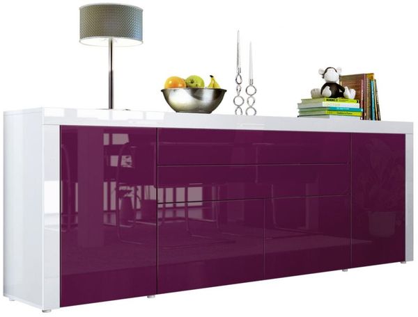 Vladon Sideboard La Paz V2, Kommode mit 2 Türen, 2 Schubkästen und 2 Klappen, Weiß Hochglanz/Brombeer Hochglanz/Weiß Hochglanz (200 x 72 x 35 cm)