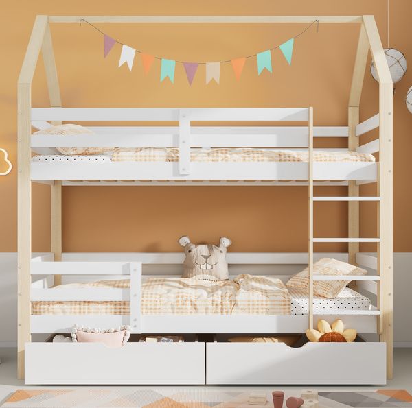 Bett in Hausform 90x200 cm aus Kiefernholz mit Stauraum – Weiß+Eiche, ohne Matratze