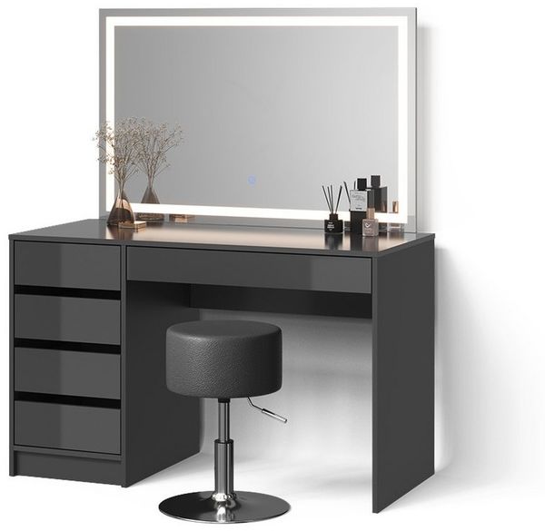 Livinity® Schminktisch Imola, Anthrazit, mit LED-Spiegel und Hocker (2-St)