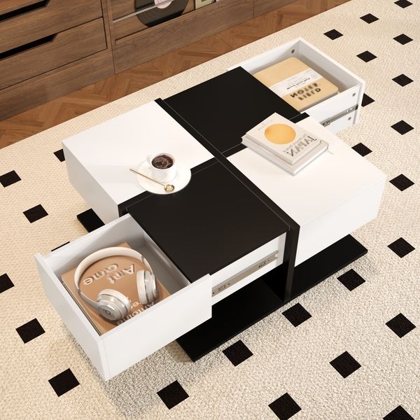 Moderner Couchtisch Schwarz Weiß 70×70×35.5 cm mit 2 Schubladen,modernes Design, viel Stauraum